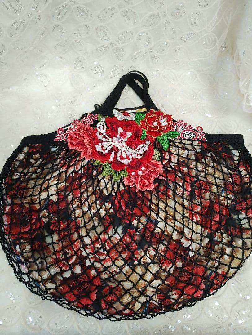 網バッグ　モチーフバック　エコバック　アクセサリー風パールモチーフ