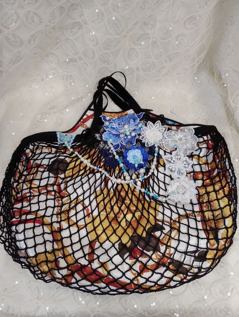 網バッグ　モチーフバック　エコバック　アクセサリー風パールモチーフ