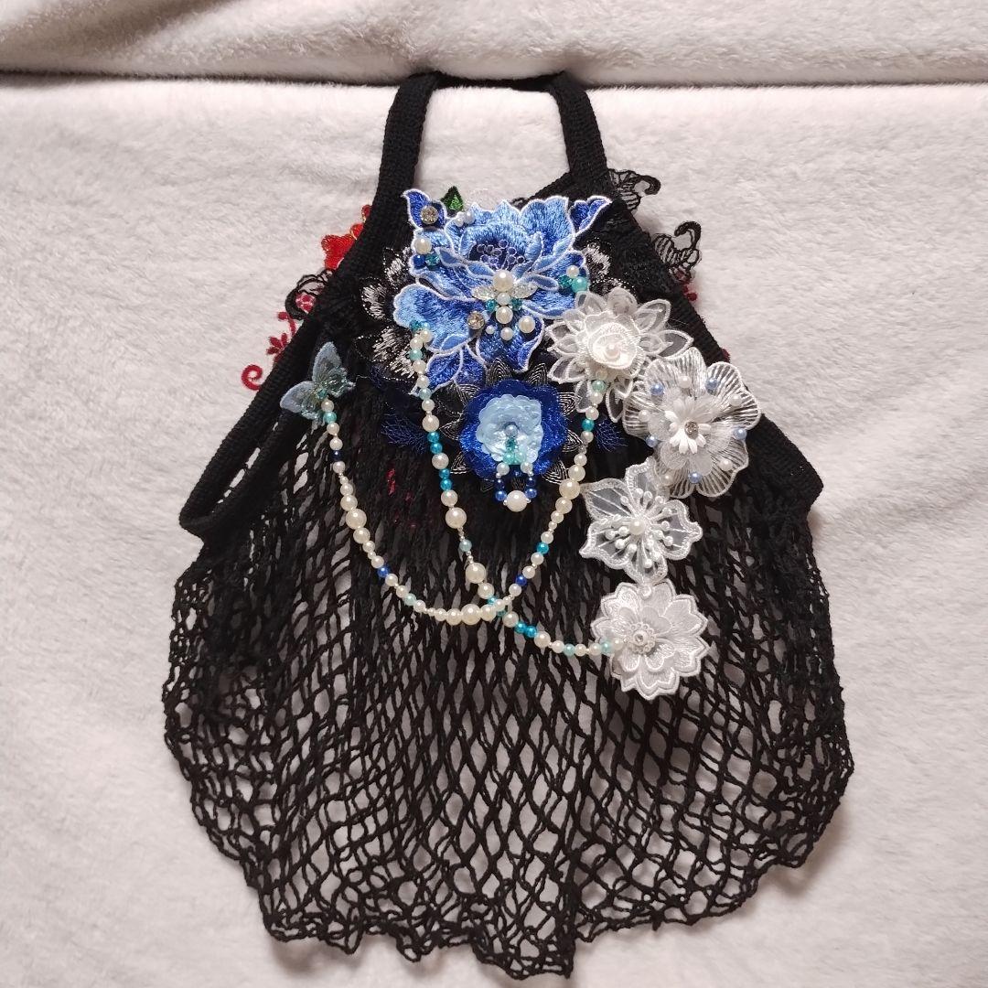 網バッグ　モチーフバック　エコバック　アクセサリー風パールモチーフ