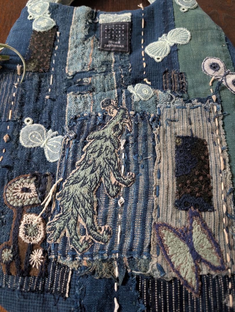 両面襤褸《partyとWolf＆Flower》古布藍染　ミナ　エッグバック