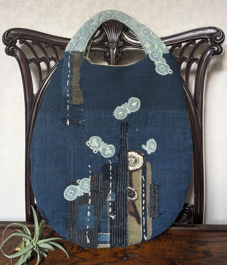 両面襤褸《partyとWolf＆Flower》古布藍染　ミナ　エッグバック