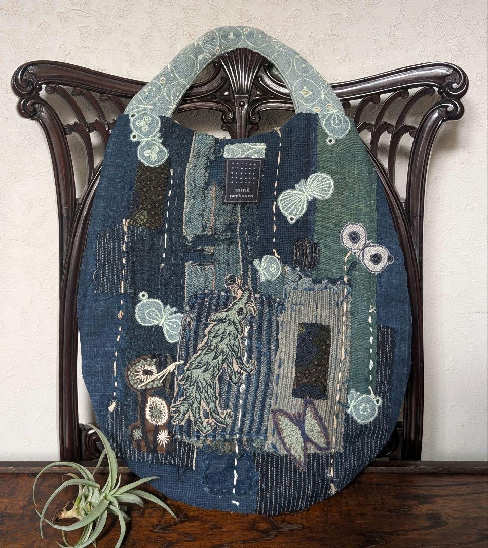 両面襤褸《partyとWolf＆Flower》古布藍染　ミナ　エッグバック