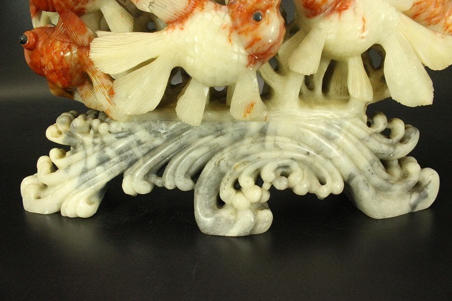 中国美術 寿山石 彫刻 らんちゅ 金魚 置物(A648)