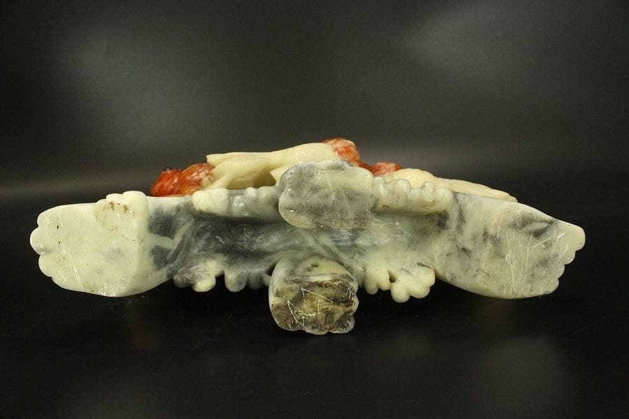 中国美術 寿山石 彫刻 らんちゅ 金魚 置物(A648)