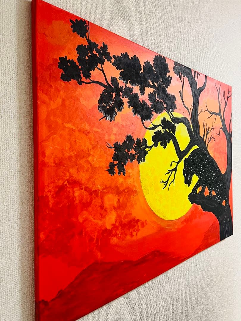 アクリル画 原画 サンセット ヒョウ 絵画 64×90cm 壁掛けアート