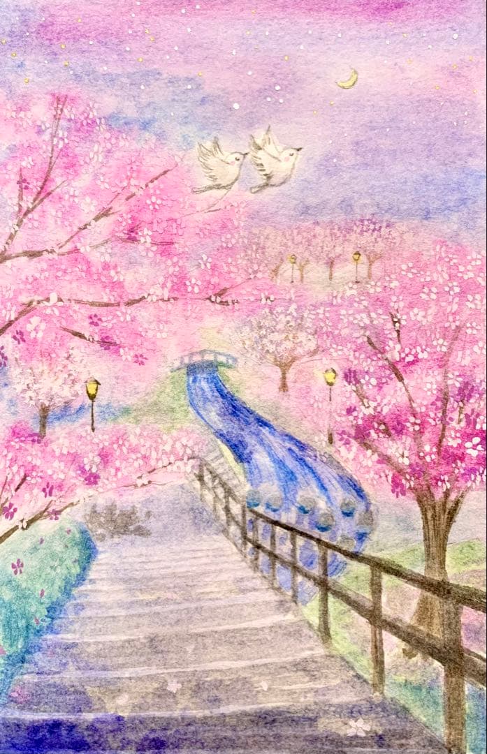 水彩画　夜桜を見て　値段は※900円です