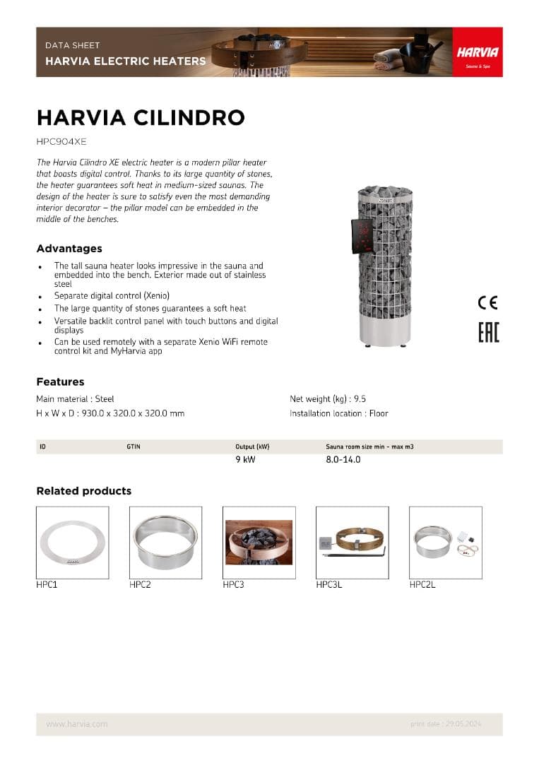 [電源２ｍ付き]HARVIA CILINDRO PC90　200V 9.0KW