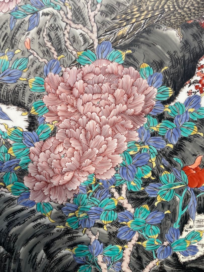 蔵出し 有田焼 伝統工芸士　神右衛門 最上位作 染錦 孔雀絵　屏風　高さ125