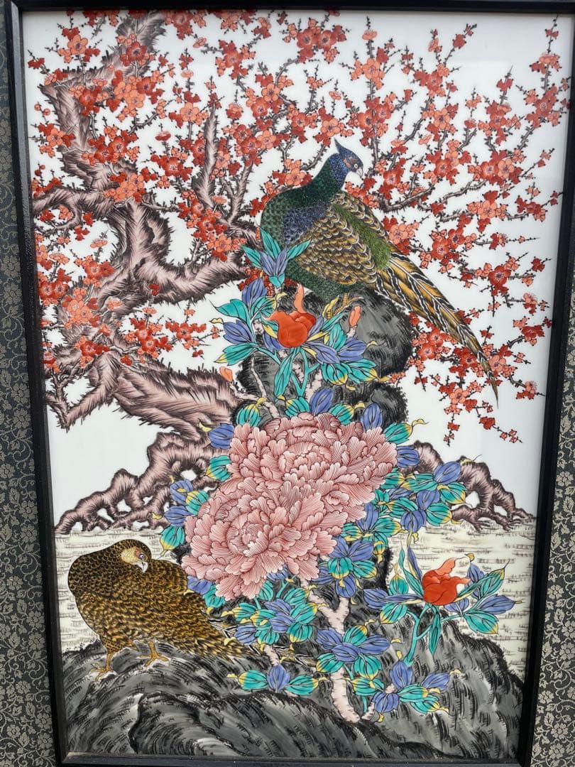 蔵出し 有田焼 伝統工芸士　神右衛門 最上位作 染錦 孔雀絵　屏風　高さ125
