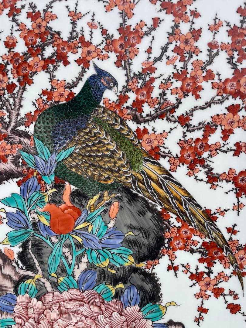 蔵出し 有田焼 伝統工芸士　神右衛門 最上位作 染錦 孔雀絵　屏風　高さ125