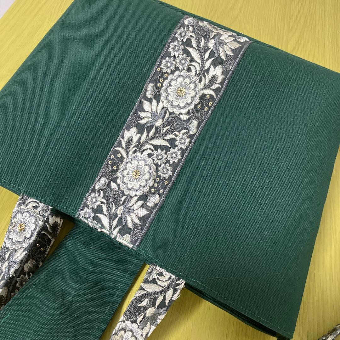 インド刺繍リボン　帆布　トートバック　ショルダーバック　横45縦25マチ15㎝