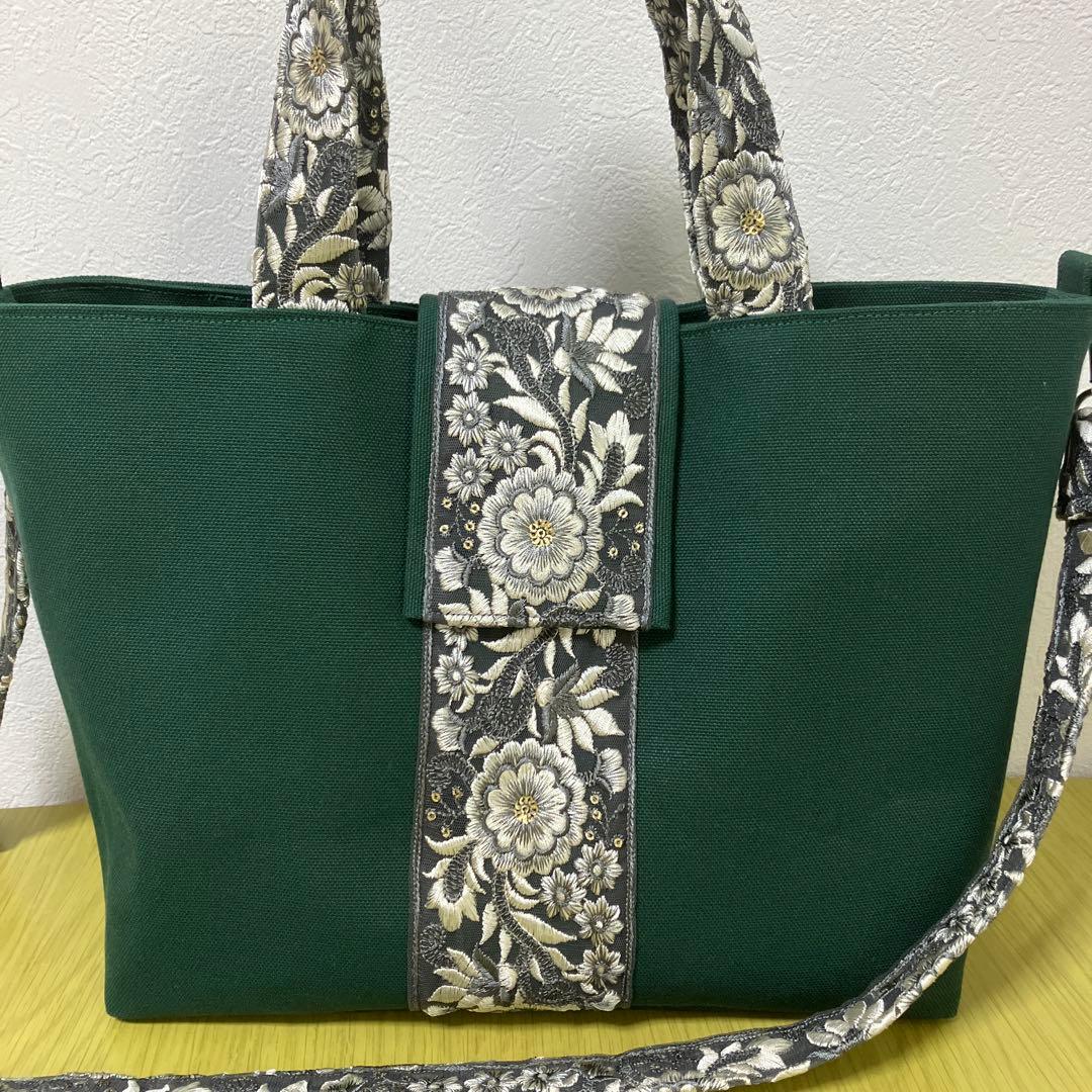 インド刺繍リボン　帆布　トートバック　ショルダーバック　横45縦25マチ15㎝