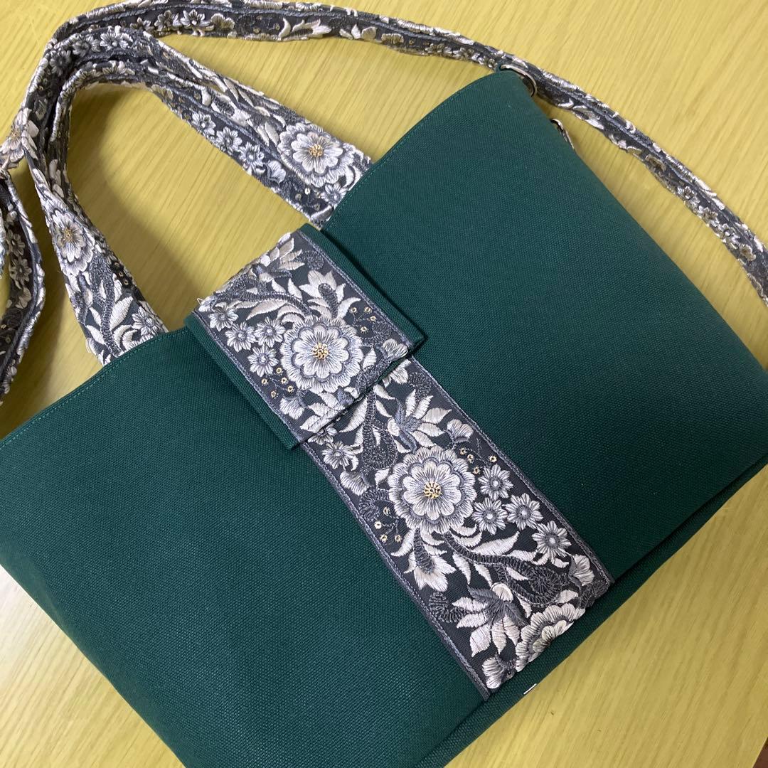 インド刺繍リボン　帆布　トートバック　ショルダーバック　横45縦25マチ15㎝