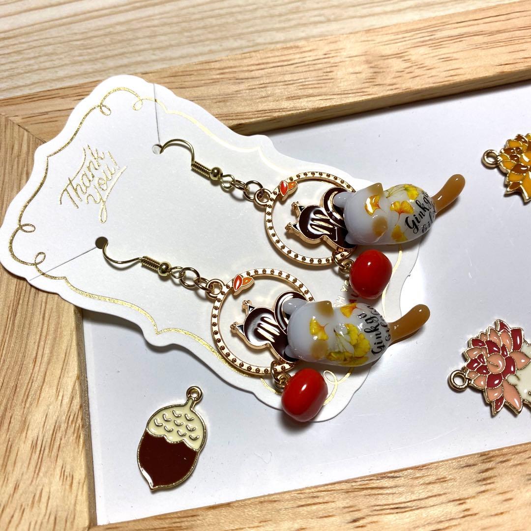 ☆柿ゆらゆらリスautumn猫ちゃんピアス☆