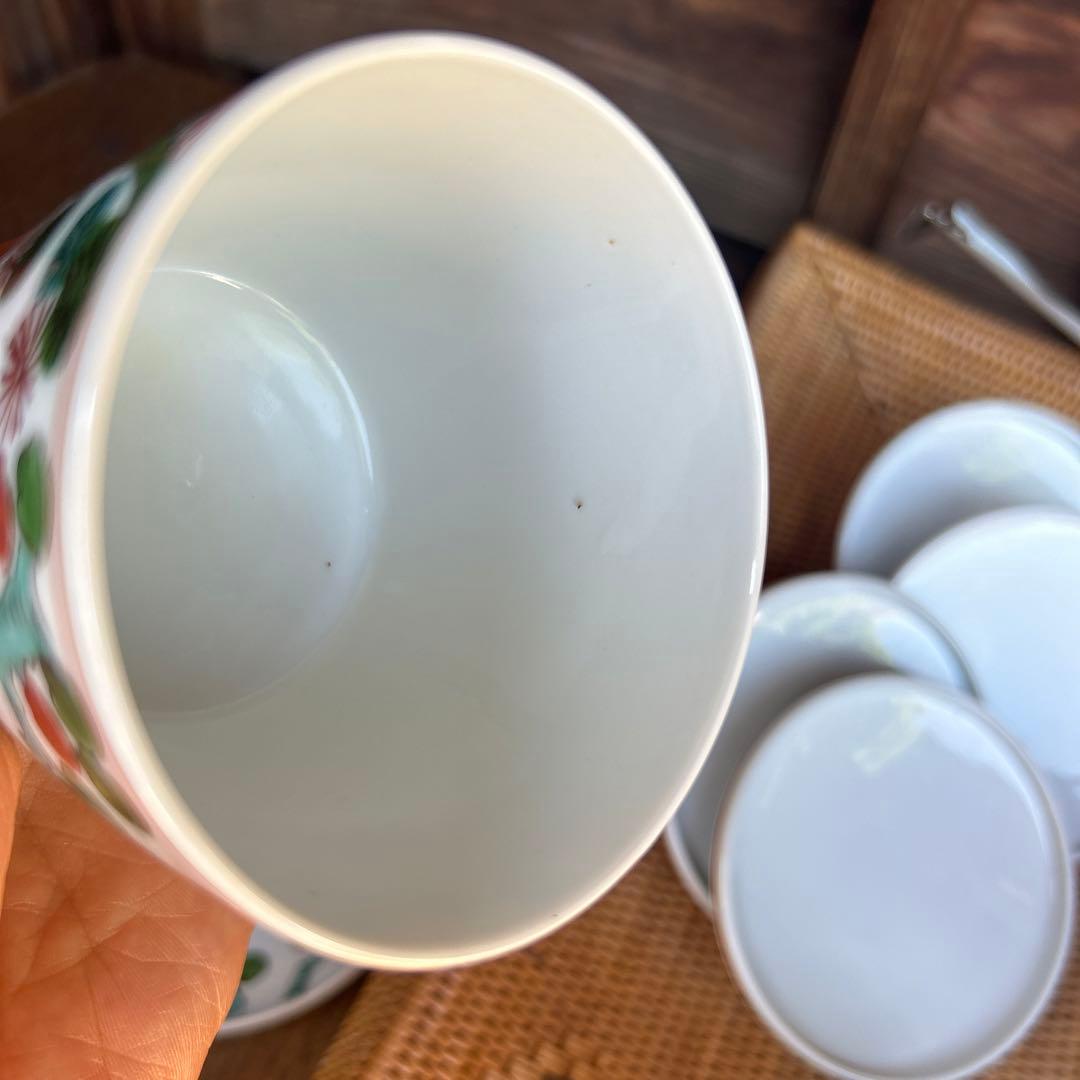有田焼 源右衛門窯 染付 松の木 鳥 緑 茶碗蒸し 碗 小皿 4客組