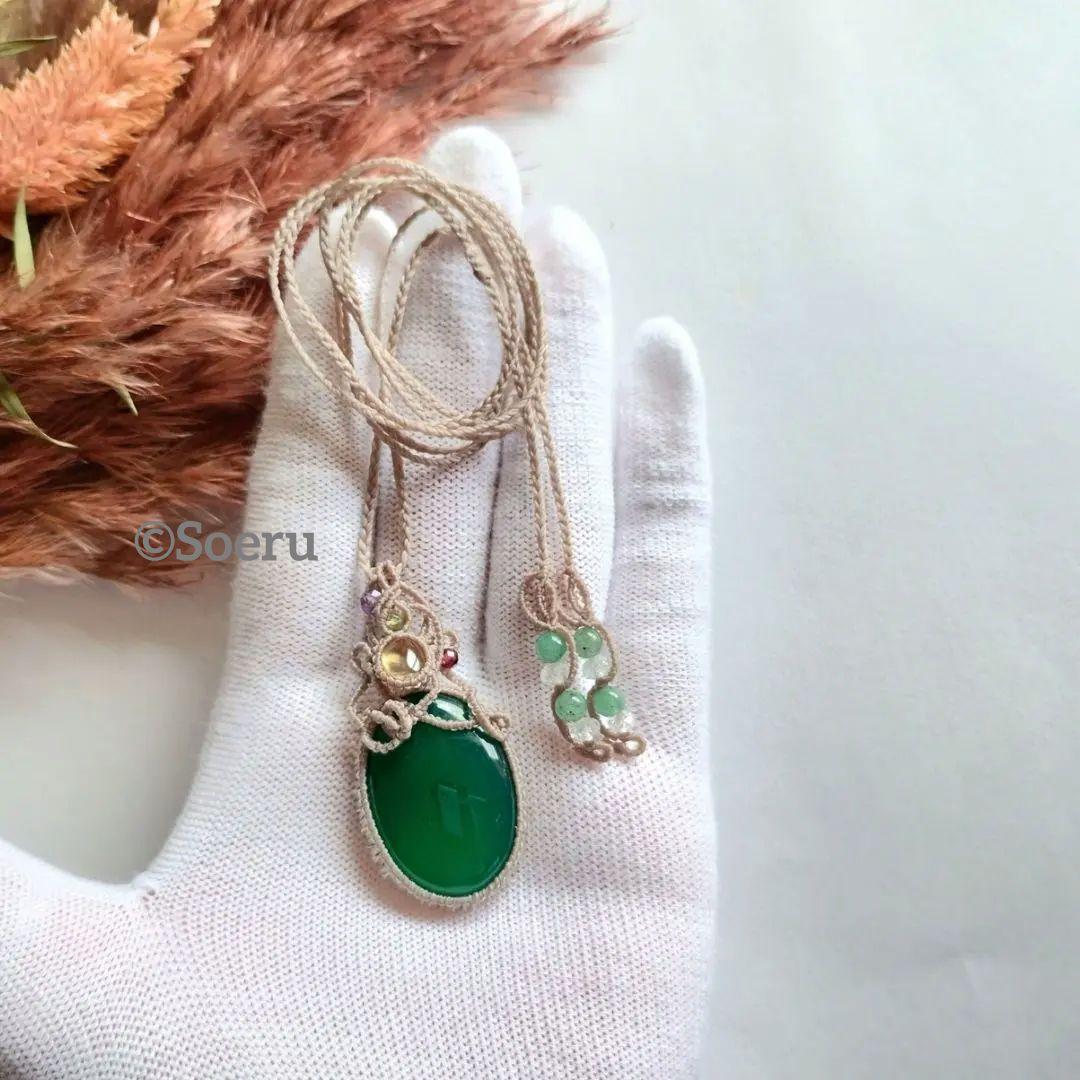 グリーンオニキス＆シトリンのマクラメ編みネックレス　ペンダント　天然石