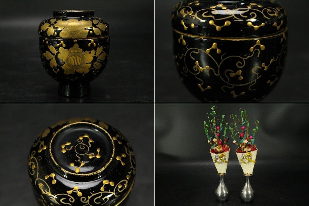 雛祭り 小さな 唐草蒔絵 雛道具 一式 時代物 骨董 漆器(LC905)