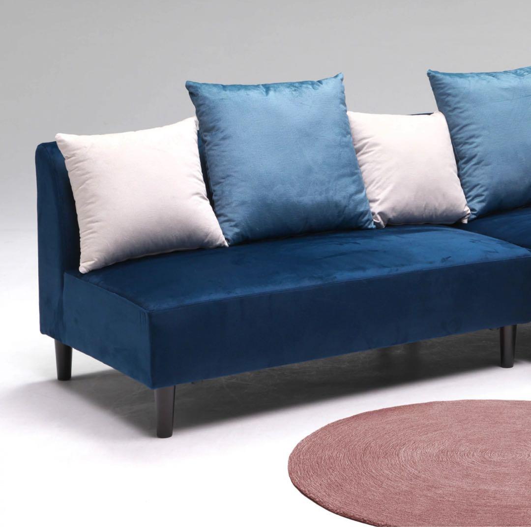 ✨送料無料✨カウチソファ3点セット　ベロア調　ダークブルー　✨保証書付✨①