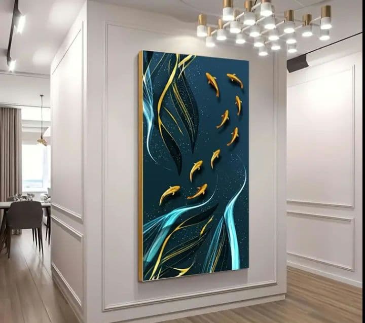 「黒と金の泳ぐ魚」 抽象画キャンバスアートフレーム無し120x60cm
