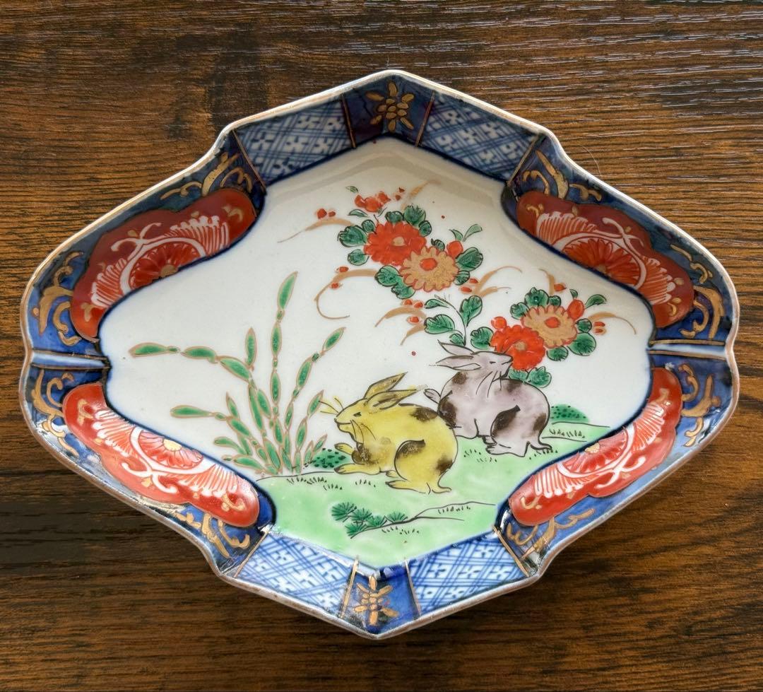 明治時代、伊万里、兎図、色絵、 菱形、Rabbit、即購入OK、匿名発送、A