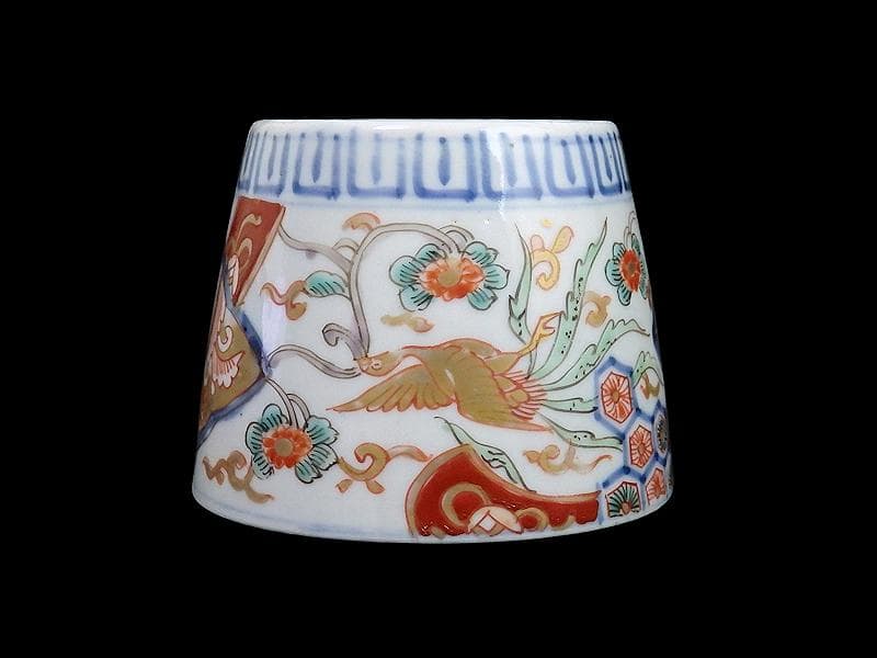 古伊万里　花に七宝紋　菊花四方襷紋に鳳凰の図　蕎麦猪口　E209AS-CXg