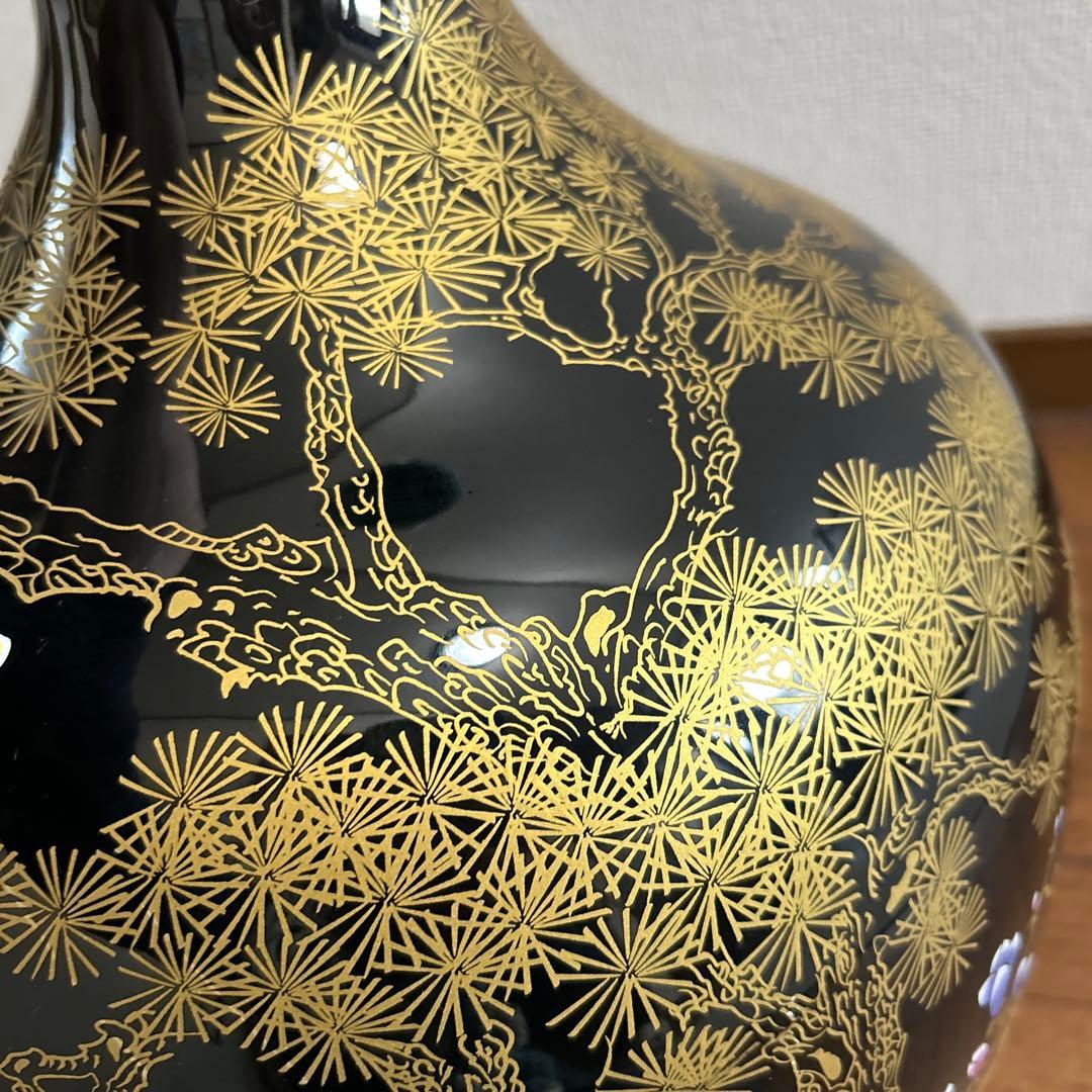 大型壺　花器　花瓶　花鳥風月　縁起物　ブラック　雉　牡丹　華やか　金彩　蔵出し品