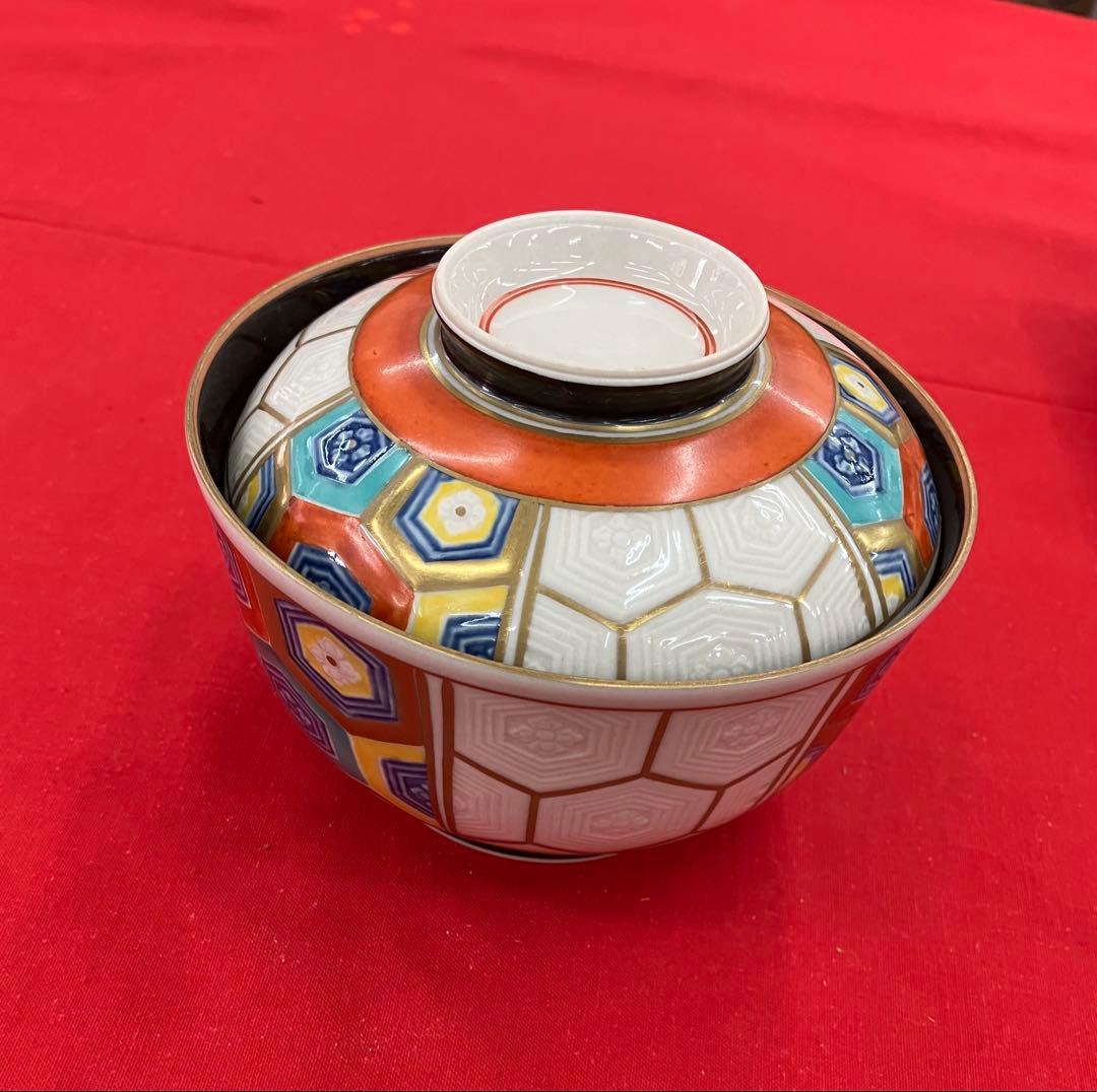 九谷焼 彩色 蓋つき煮物椀 昭和初期 5個セット