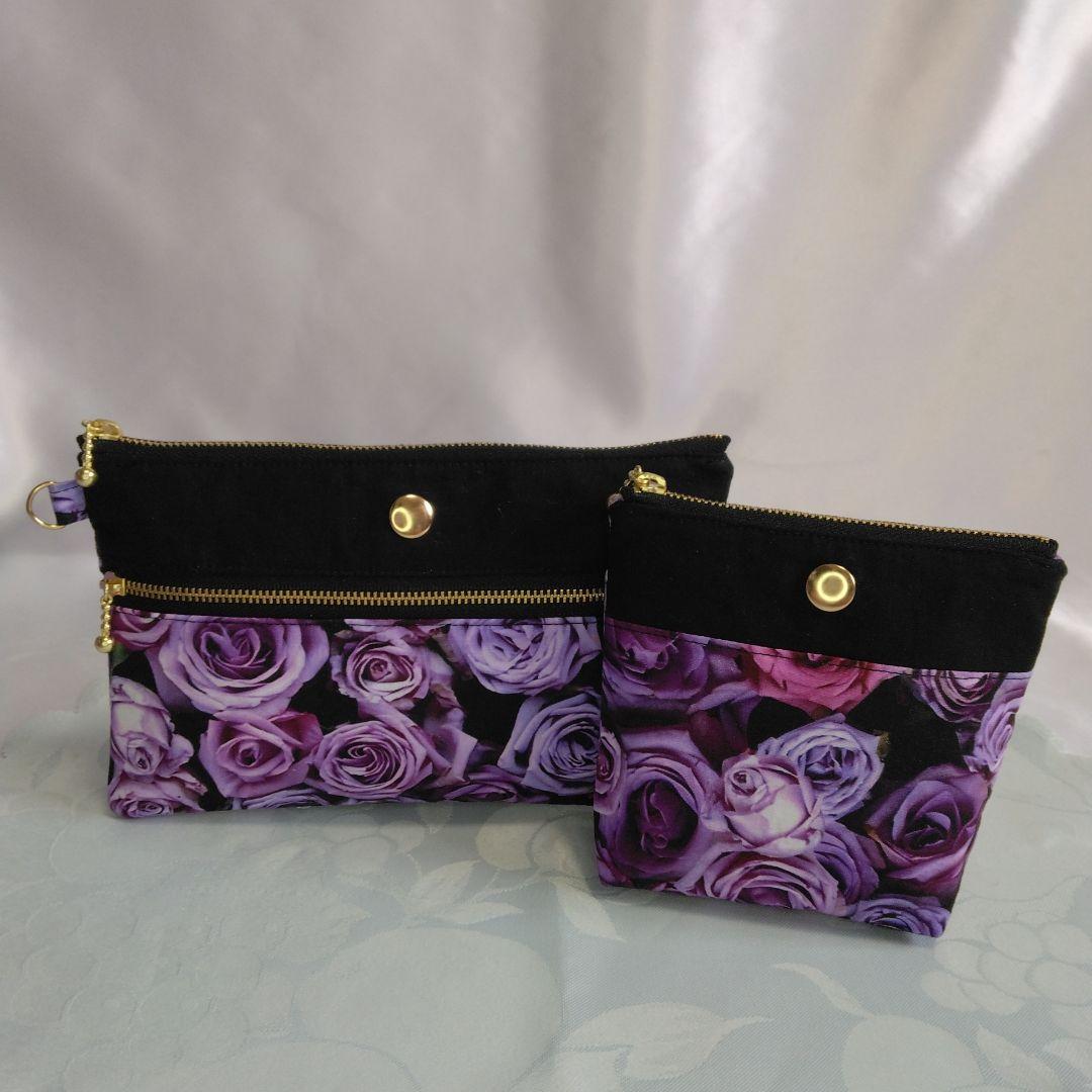 紫色のばら柄 ハンドメイドサイドポケット付きトートバッグ 　ポーチ　ばら柄セット