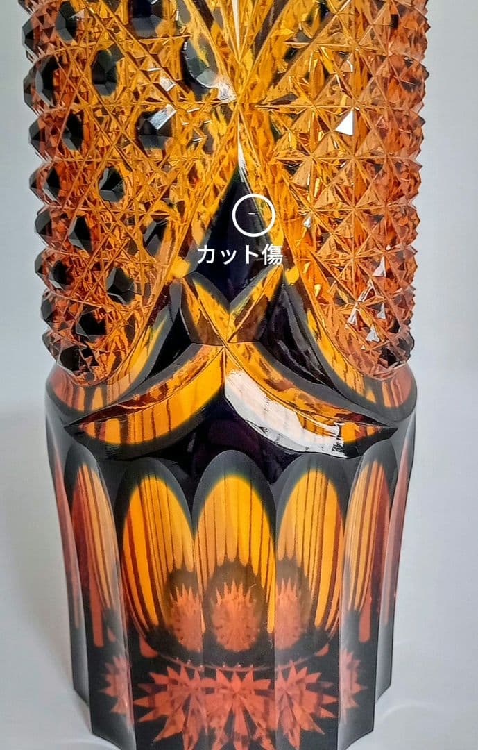 【新品未使用】門脇硝子加工所 江戸切子 アンバークリスタル 花器（琥珀色瑠璃）