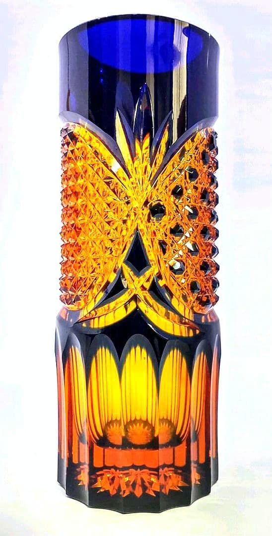 【新品未使用】門脇硝子加工所 江戸切子 アンバークリスタル 花器（琥珀色瑠璃）