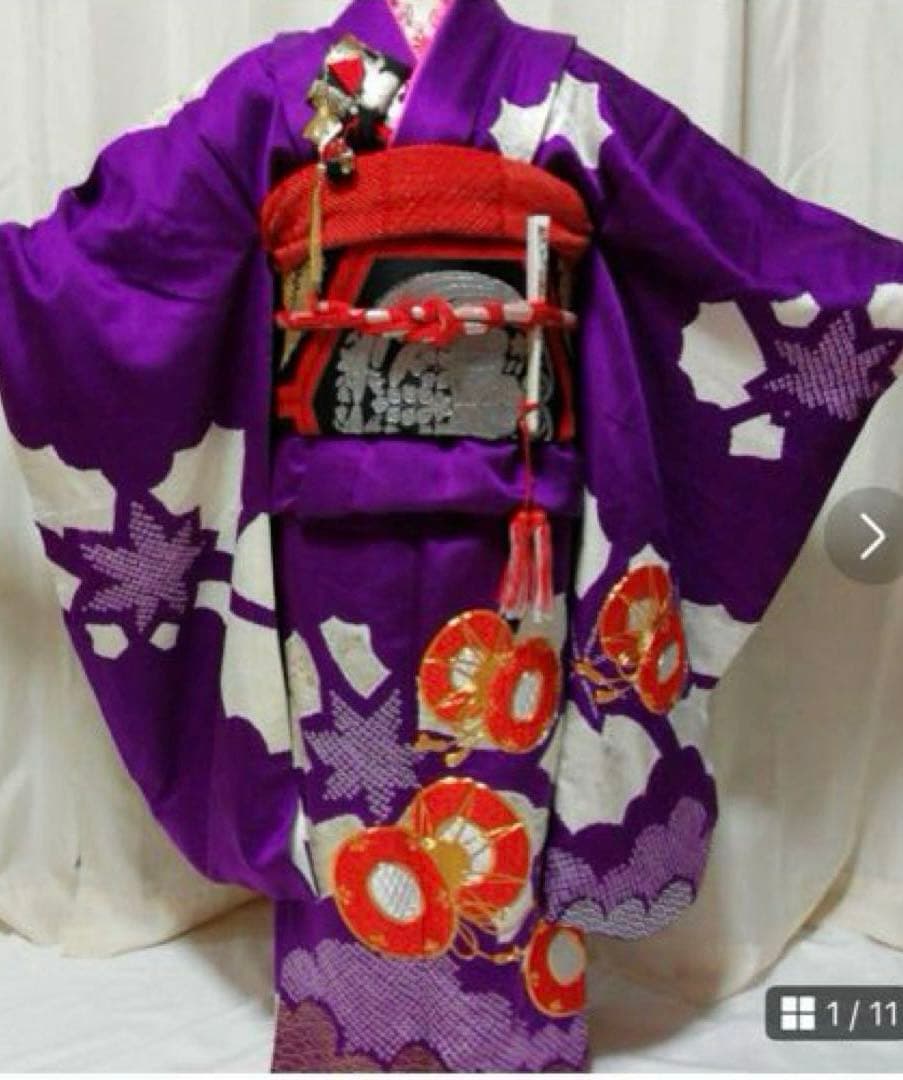 着物セット　7歳　正絹　紫色　だらり帯　七五三　ハーフ成人式　十三詣り