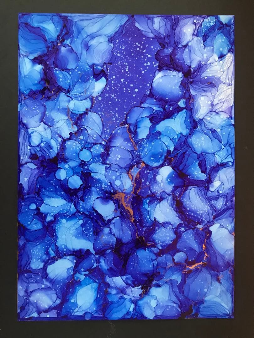 抽象画　インテリアアート　A4 原画　青　瑠璃色　アルコールインクアート　一点物