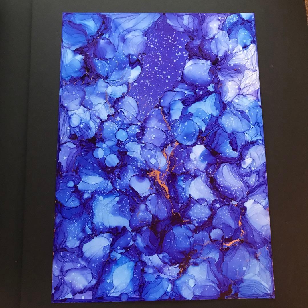 抽象画　インテリアアート　A4 原画　青　瑠璃色　アルコールインクアート　一点物