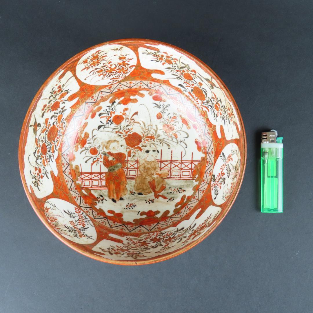 ⭕301 九谷焼 赤絵金彩 大鉢 花鳥唐子図 径20.5cm 江戸明治期/菓子鉢