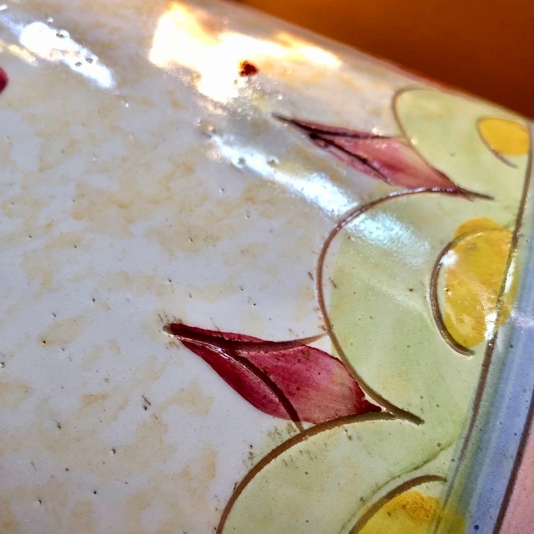 イタリア製高さ42㎝手書き花柄陶器製フリル陶器花瓶傘立てピンク系アンティーク