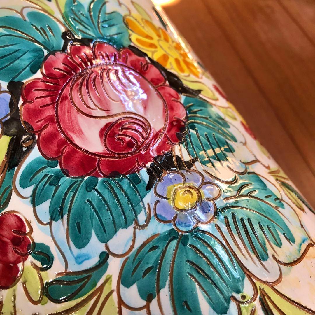 イタリア製高さ42㎝手書き花柄陶器製フリル陶器花瓶傘立てピンク系アンティーク