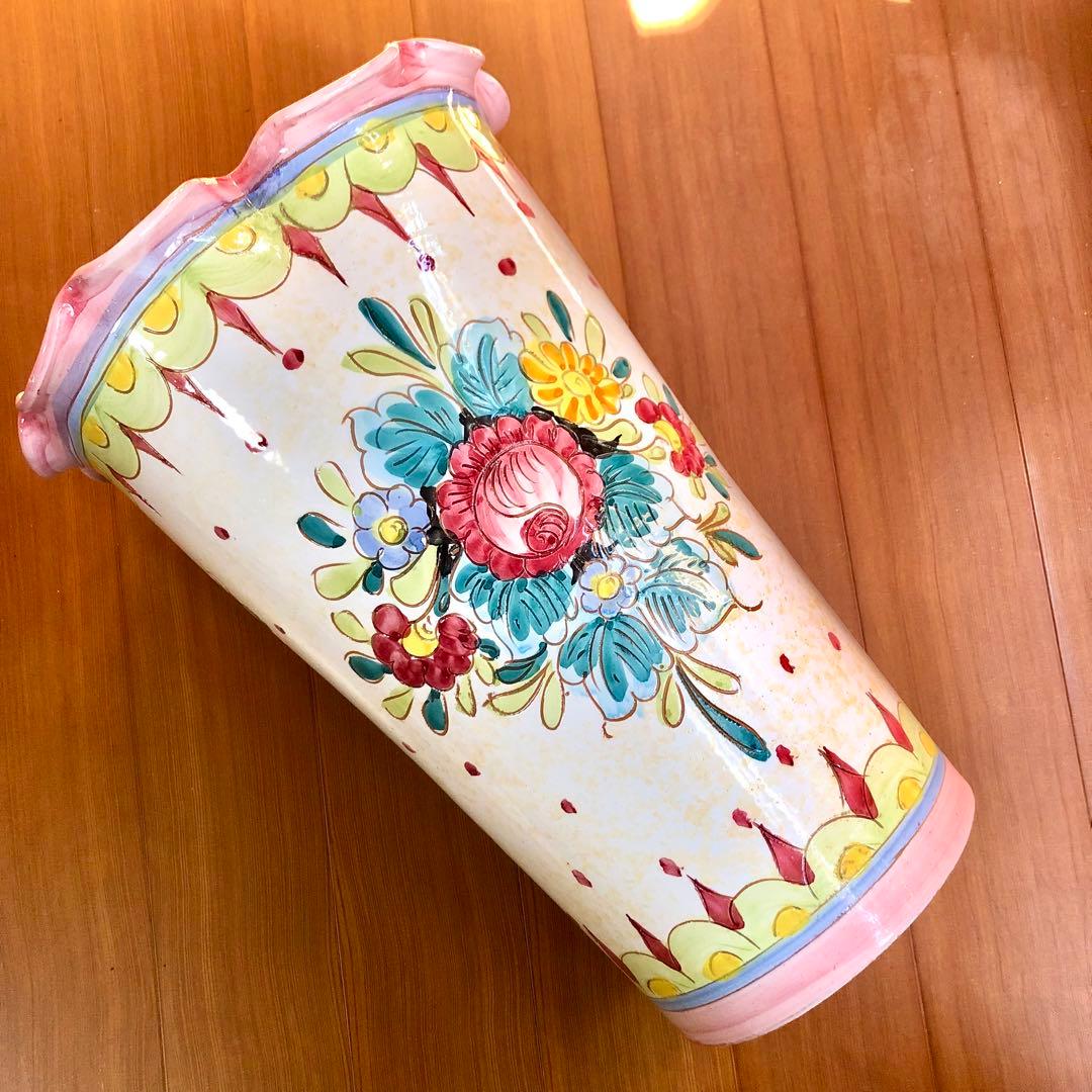 イタリア製高さ42㎝手書き花柄陶器製フリル陶器花瓶傘立てピンク系アンティーク