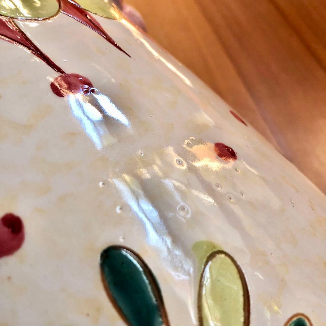 イタリア製高さ42㎝手書き花柄陶器製フリル陶器花瓶傘立てピンク系アンティーク