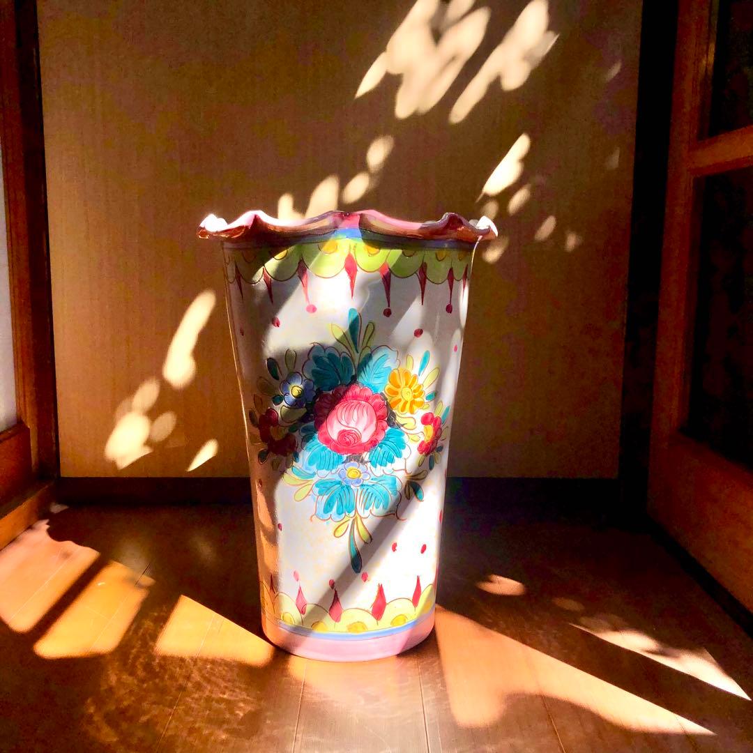 イタリア製高さ42㎝手書き花柄陶器製フリル陶器花瓶傘立てピンク系アンティーク