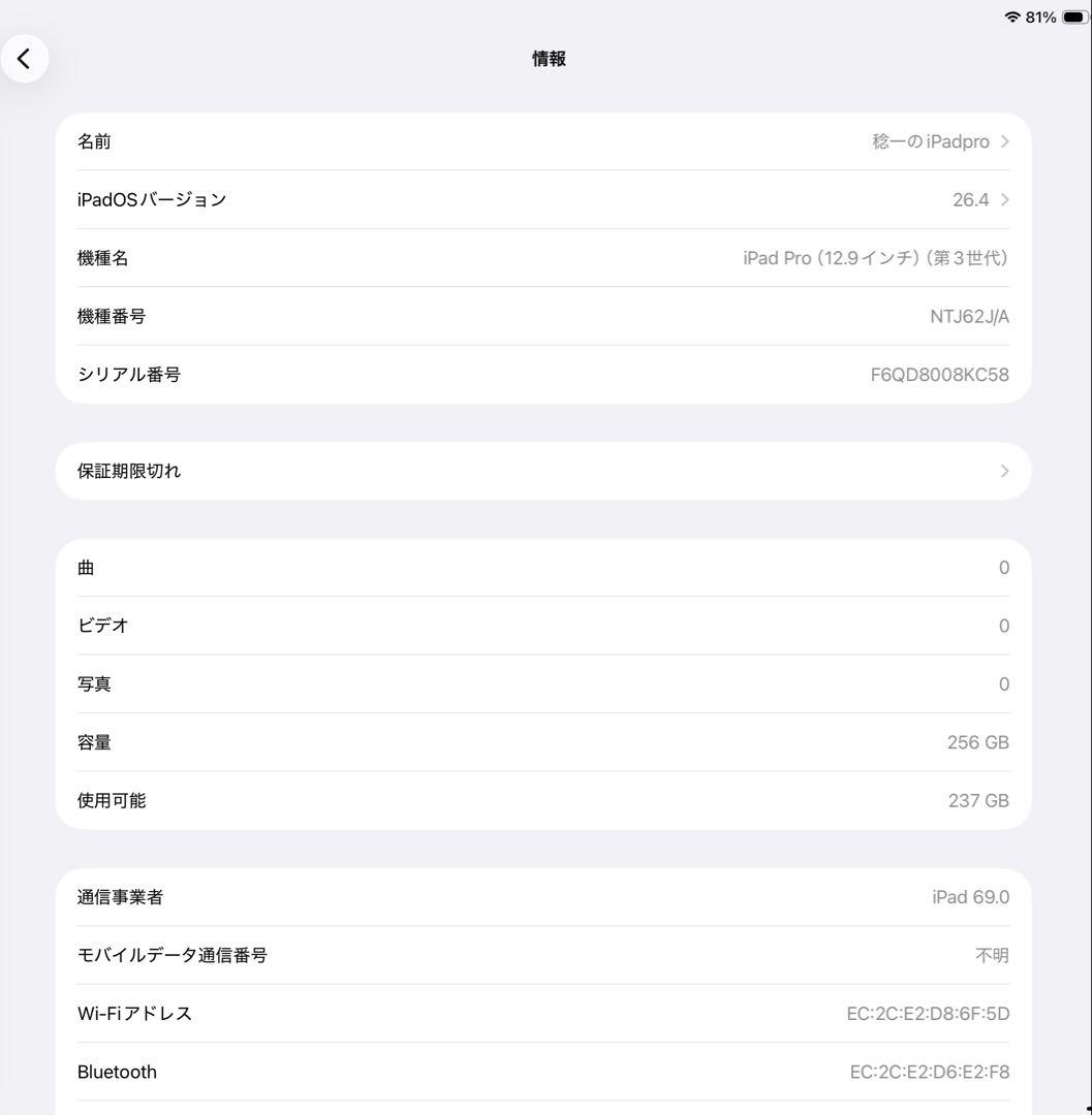 iPad Pro 12.9インチ3世代 Wi-Fi+Cellular 256GB