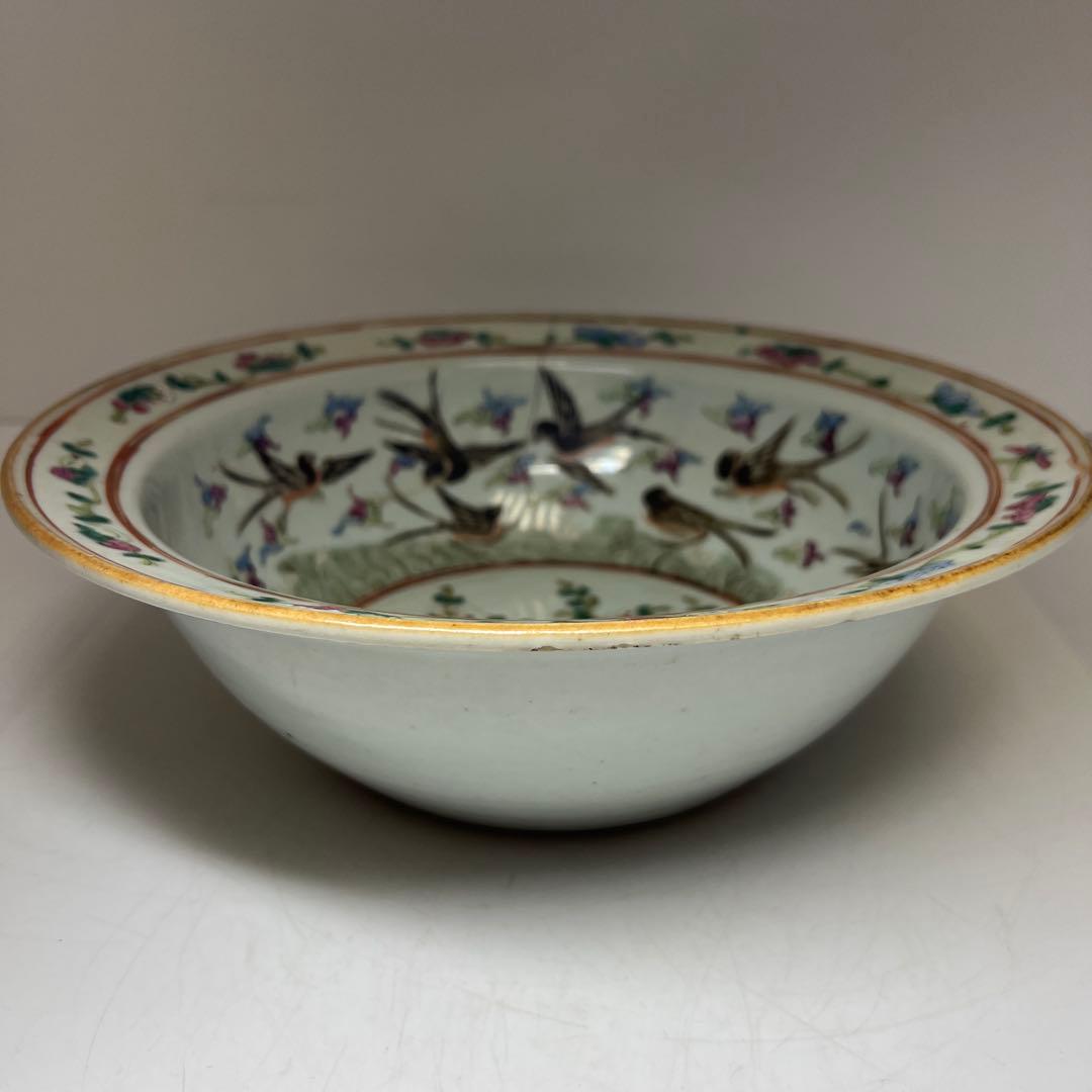 中国清時代　粉彩花鳥図大鉢　木箱付　口径約30㎝　東Y8-0408①トヒオ