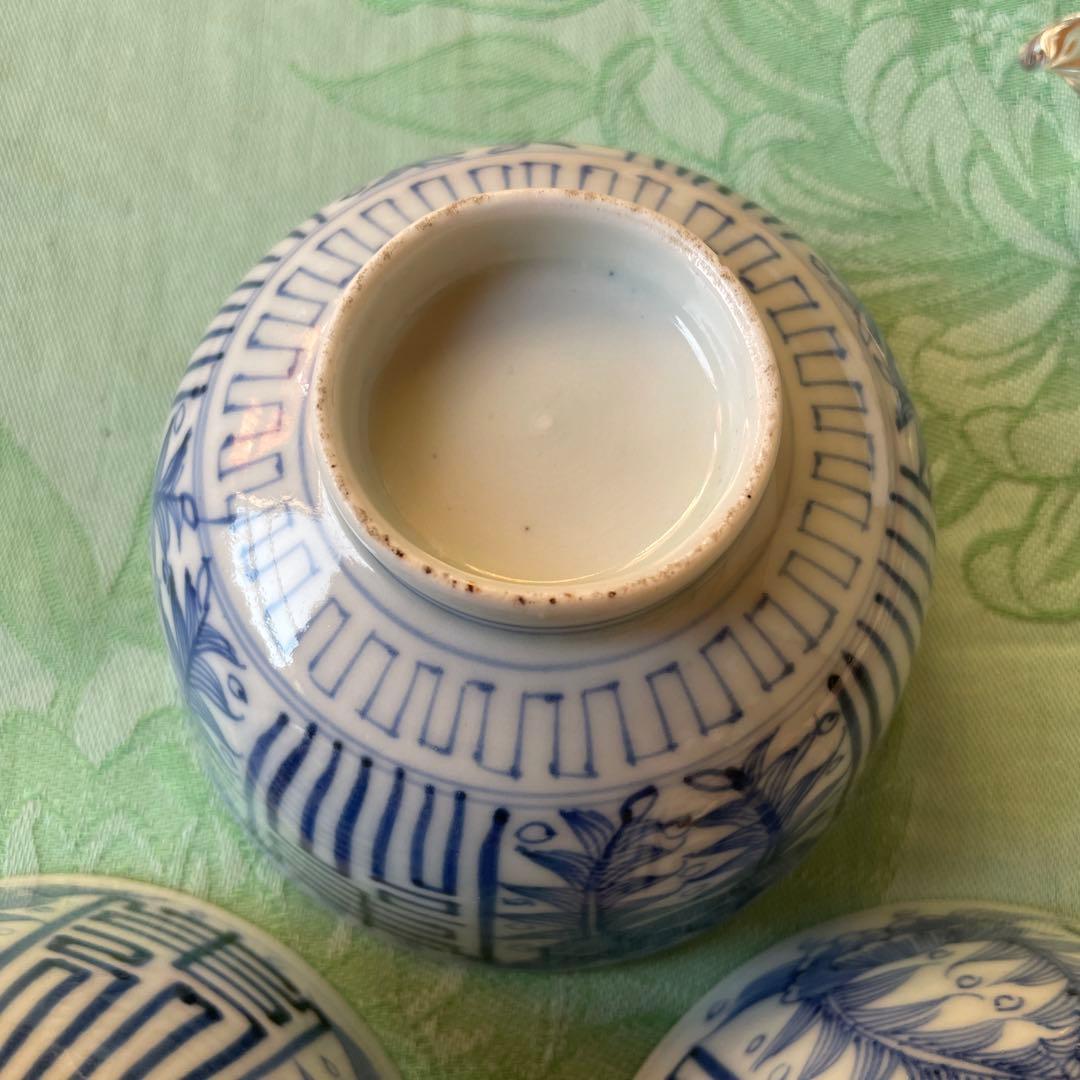 古伊万里　染付　吉祥紋様　牡丹　寿　蓋付きご飯茶碗　3客