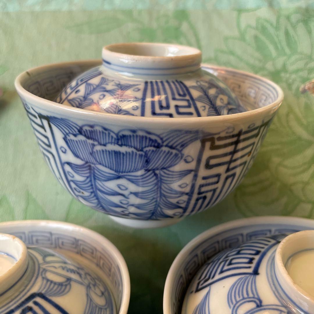 古伊万里　染付　吉祥紋様　牡丹　寿　蓋付きご飯茶碗　3客