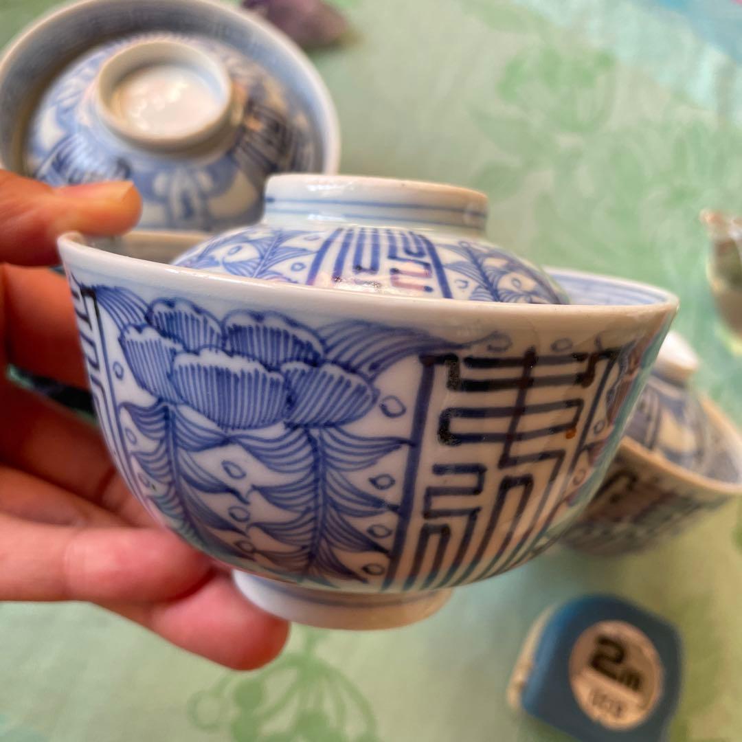 古伊万里　染付　吉祥紋様　牡丹　寿　蓋付きご飯茶碗　3客