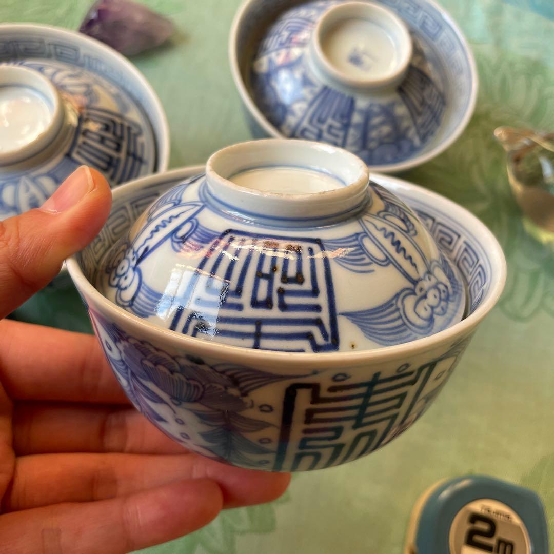 古伊万里　染付　吉祥紋様　牡丹　寿　蓋付きご飯茶碗　3客