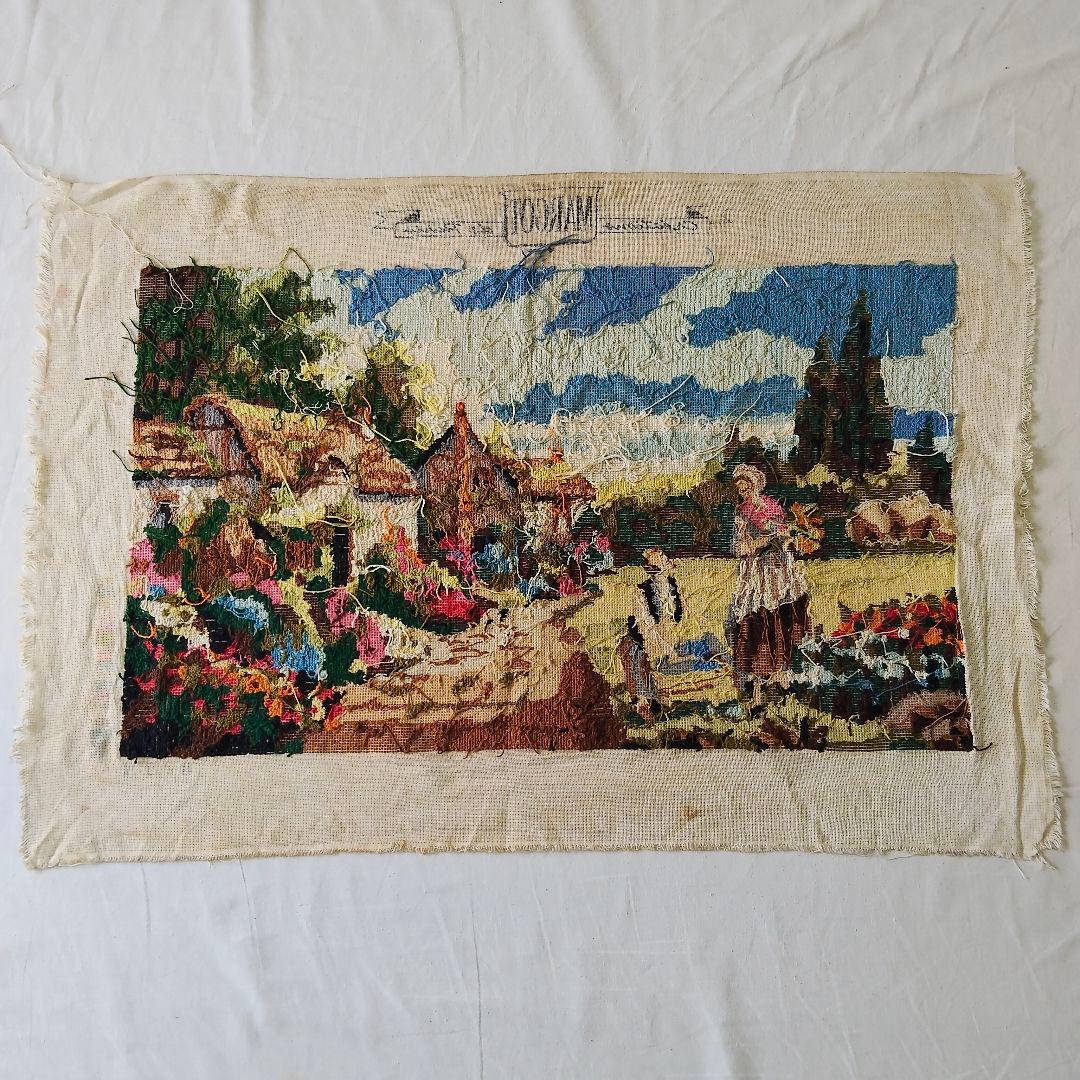 壁掛け　タペストリー　ニードルポイント　刺繍　田園風景　60s　70s　フランス