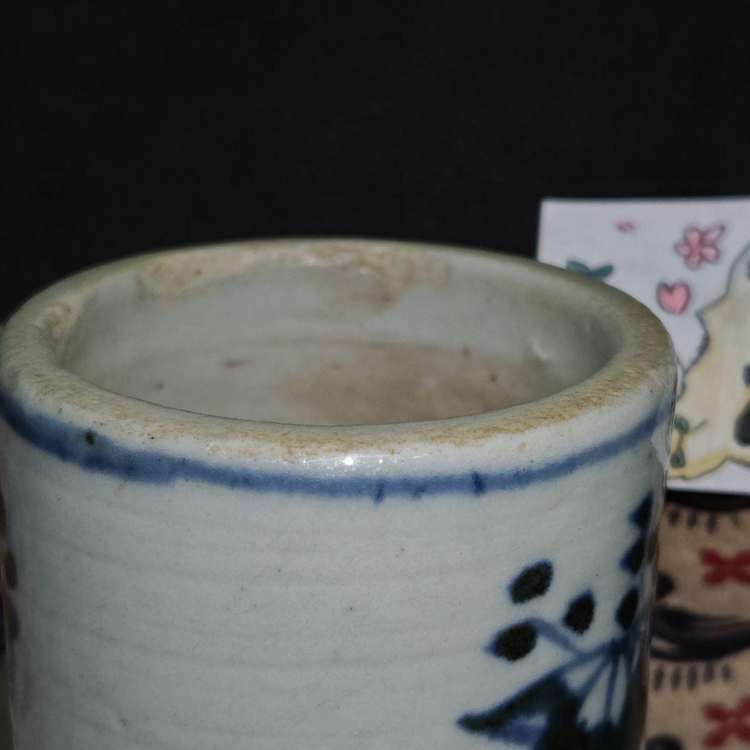 古伊万里、くらわんか手桐花文筒盃(元箱、水鳥文インド古更紗包布付)