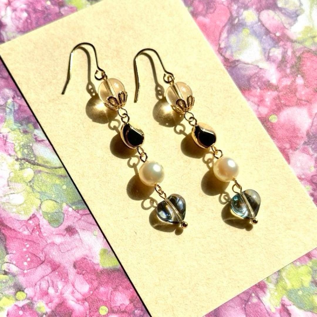 【765】ハート ガラス チェコビーズ ピアス イヤリング パール ハンドメイド