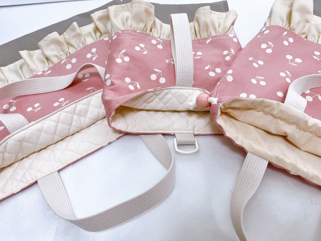 入園入学準備グッズ♡3点セット♡くすみピンクさくらんぼ✖️グレー♡フリル