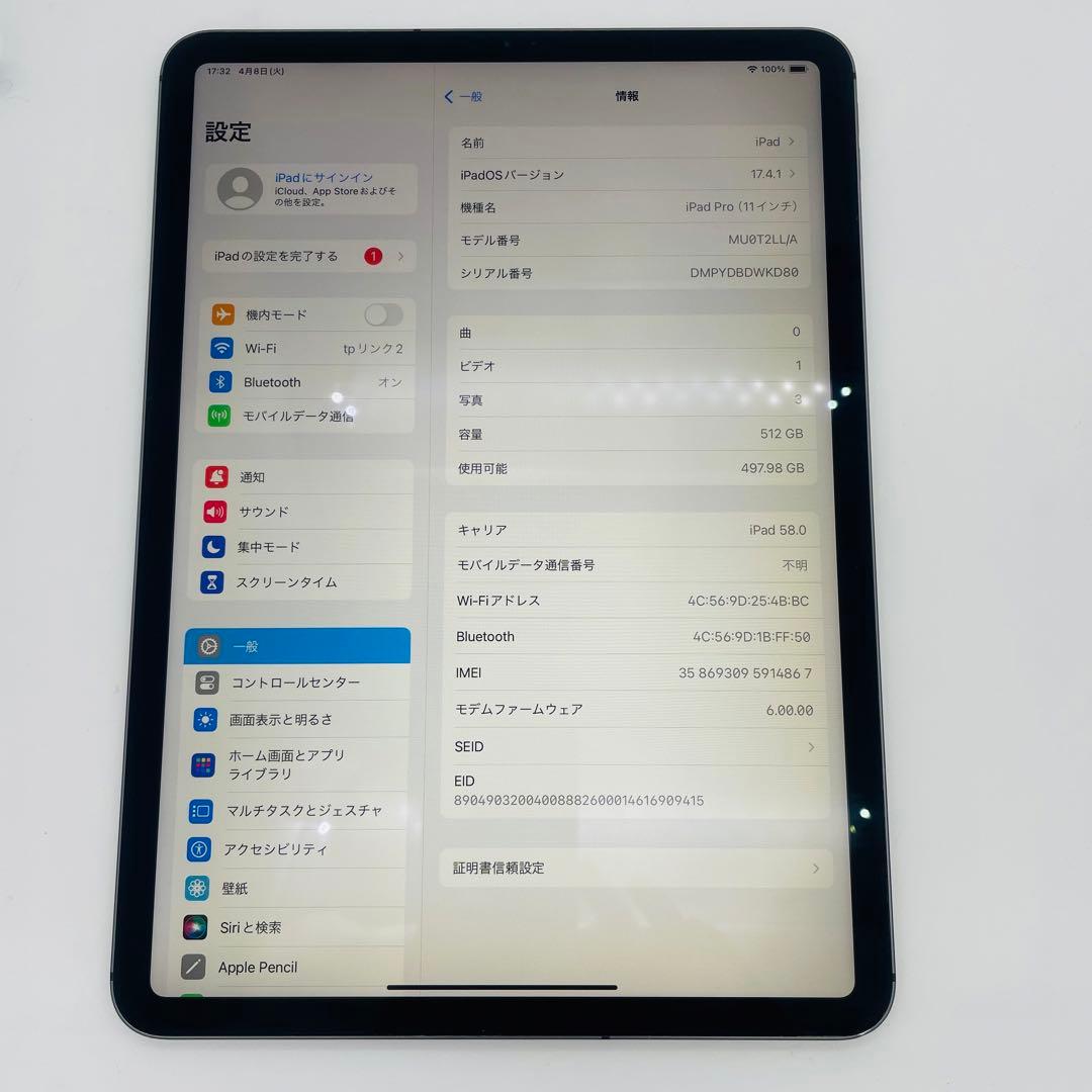 電池100% iPad Pro 11インチ　512 GB セルラー　本体